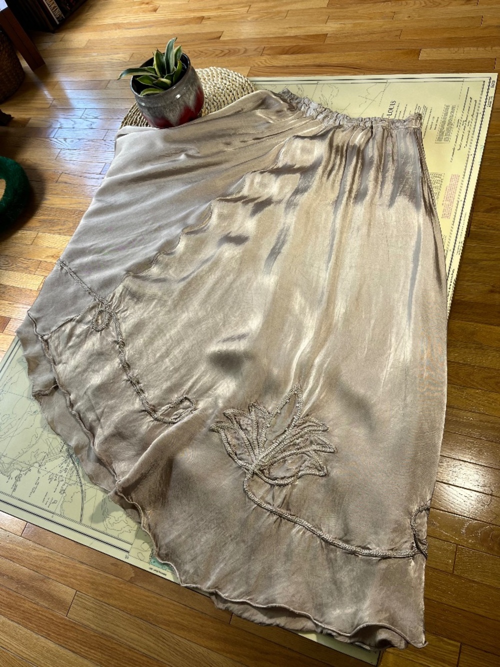 Vintage Satin Beaded Floral Detail Maxi Skirt Made in Italy